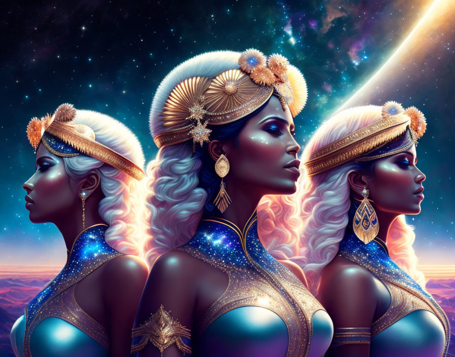 Three stylized women with ornate golden headpieces and earrings in cosmic setting.