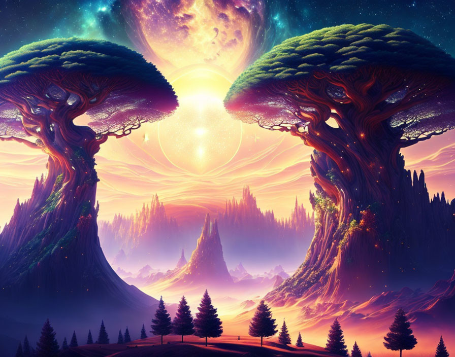 Fantasy landscape digital artwork with giant tree-like structures