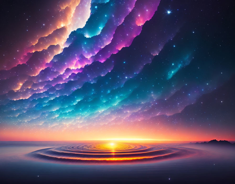 Colorful Digital Art: Surreal Sunset with Ripples & Layered Clouds