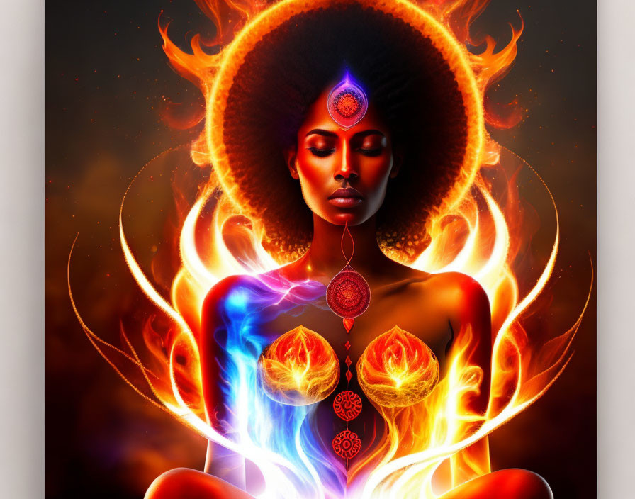 Digital artwork: Woman meditating with aligned chakras & fiery aura