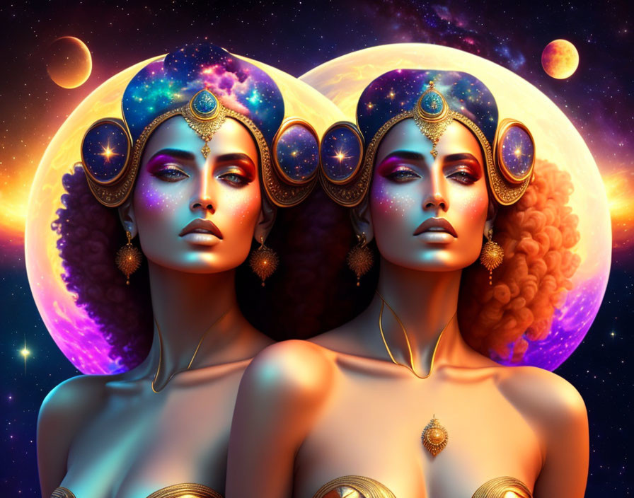 Stylized women with cosmic makeup and adornments against planetary backdrop