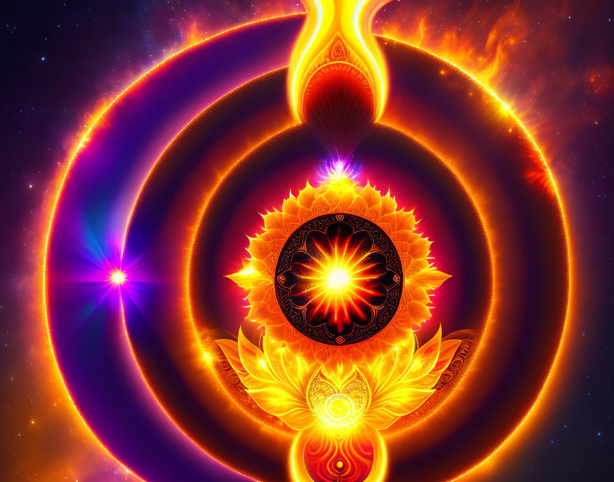 Colorful digital artwork: Fiery mandala patterns on cosmic background