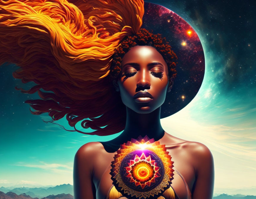 Digital artwork: Woman with fiery hair in cosmic scene