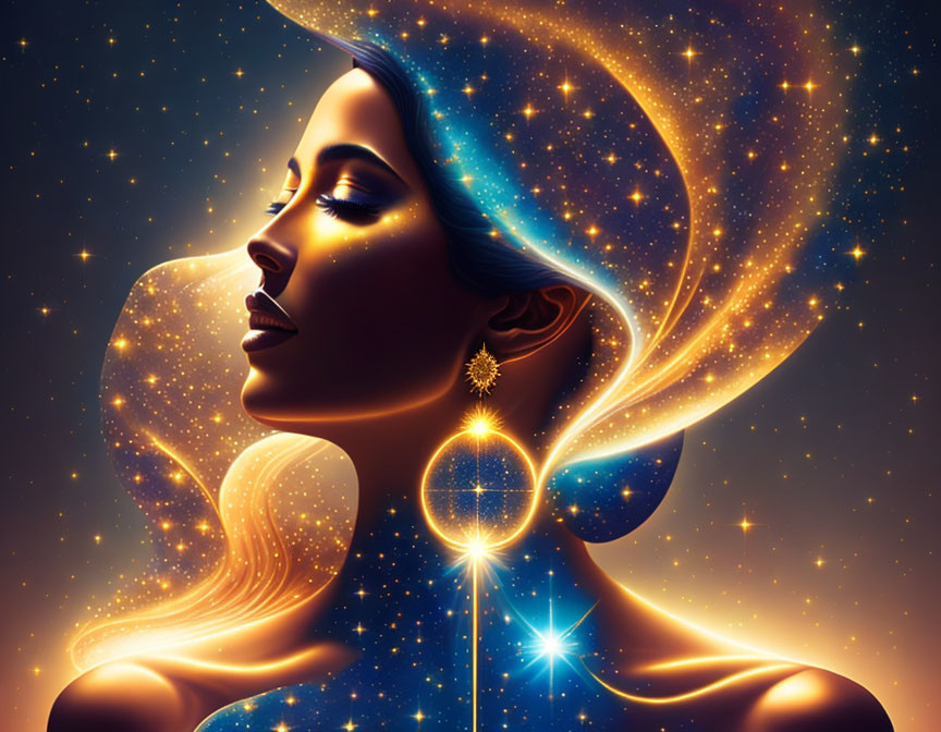 Digital artwork: Woman's profile merging with starry night sky