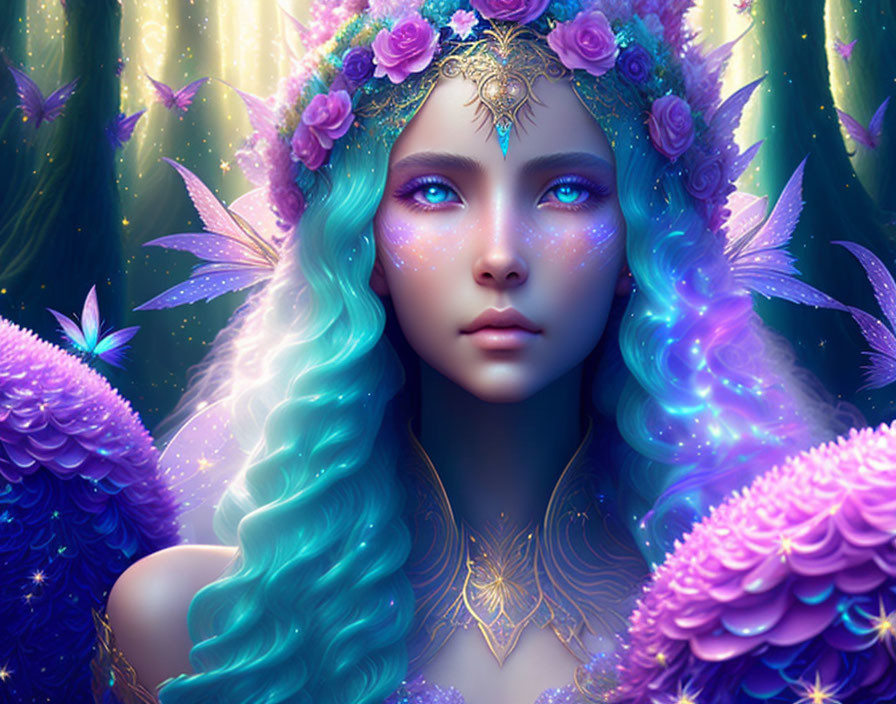 Fantasy illustration of woman with blue hair in floral crown and enchanted forest.