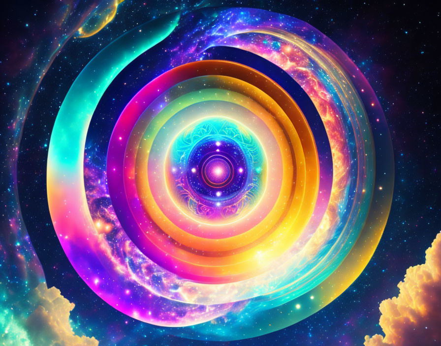 Colorful Swirling Cosmic Patterns in Blues, Pinks, and Yellows