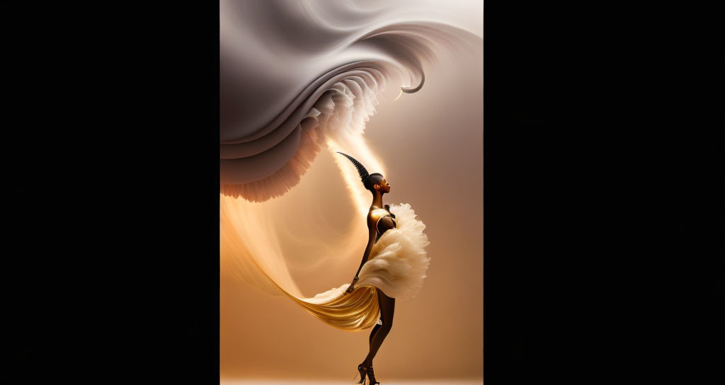 Dancer with flowing fabric resembles bird in flight on ombré background