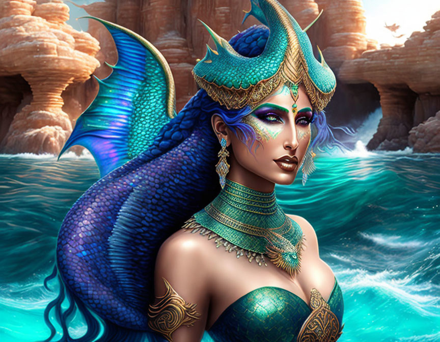 Mermaid digital art with blue tail and intricate headpiece