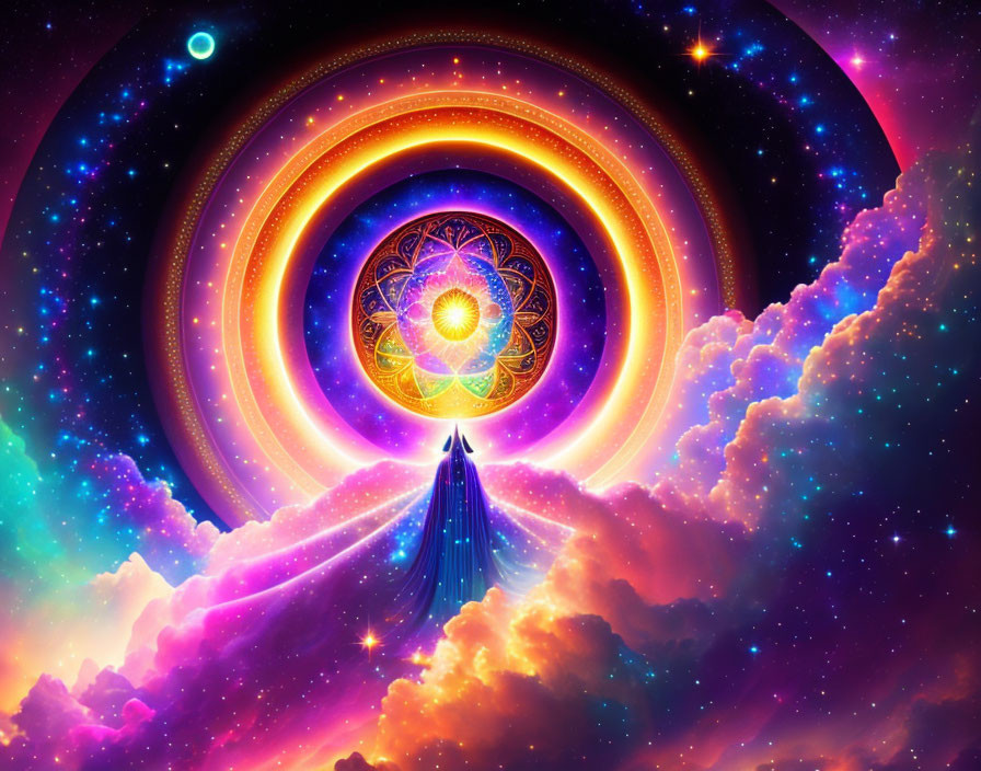 Colorful cosmic mandala with swirling clouds and figure in celestial setting