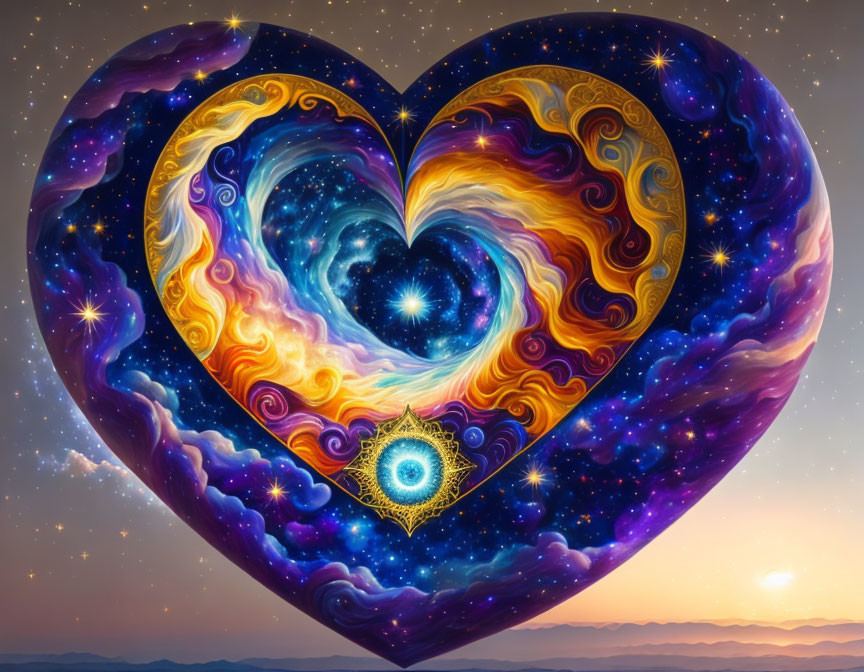 Colorful cosmic heart with galaxy patterns and central eye on twilight sky.