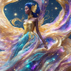 Celestial woman in flowing dress with golden accessories amidst cosmic swirls