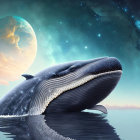 Whale breaching serene water under starry sky