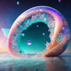 Surreal circular portal with galaxy, ocean, gems, and planets in twilight sky