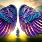 Vividly colored wings spread wide against sunset background