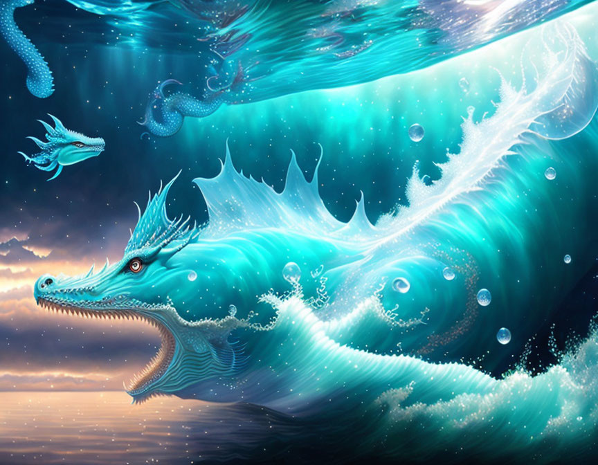 Detailed Digital Art: Blue Serpentine Dragons in Glowing Underwater Scene