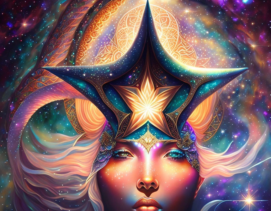 Colorful digital artwork: Mystical female figure with star-shaped headdress in cosmic backdrop.