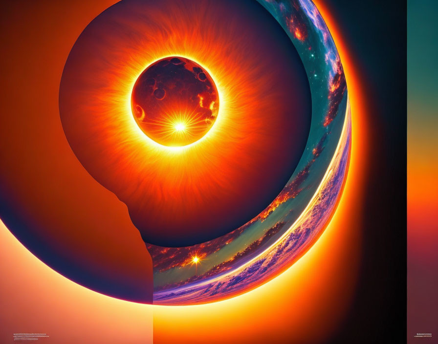 Surreal celestial digital artwork with eclipsed sun and spiral design