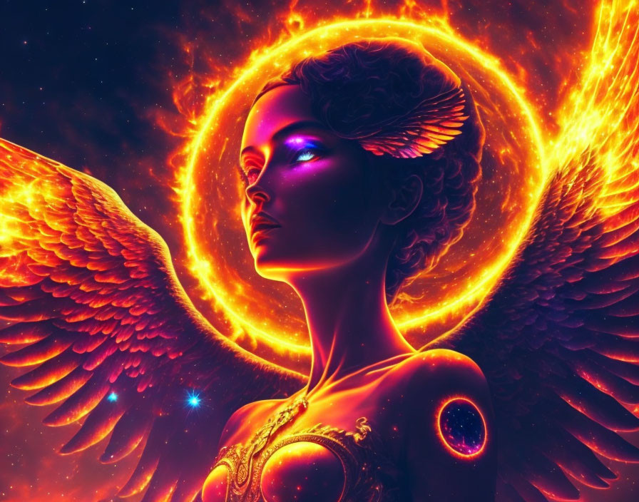 Vibrant orange and gold winged female figure in cosmic digital art