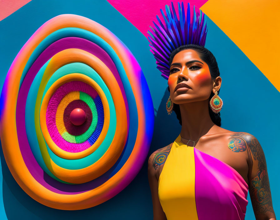 Colorful woman with vibrant makeup and headdress against psychedelic backdrop