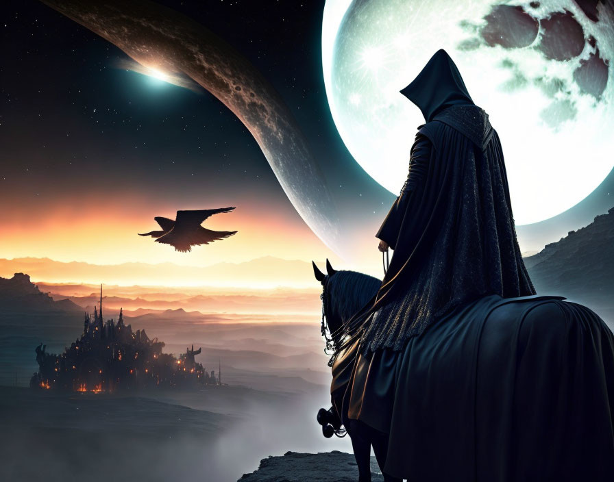 Cloaked Figure on Horseback in Fantasy Twilight Scene