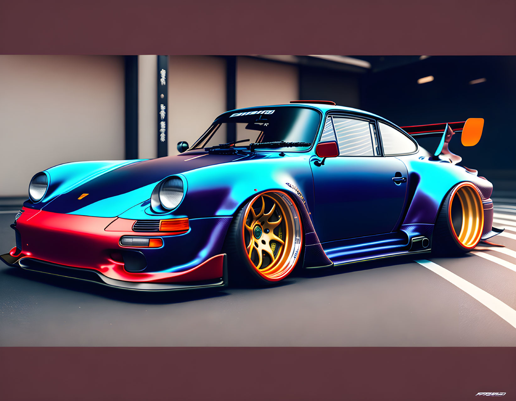 Customized Porsche with Wide-Body Kit and Gold-Rimmed Wheels