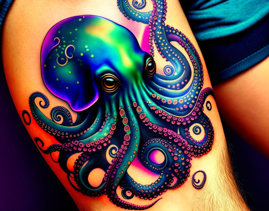 Colorful Octopus Shoulder Tattoo with Purple, Blue, and Green Hues