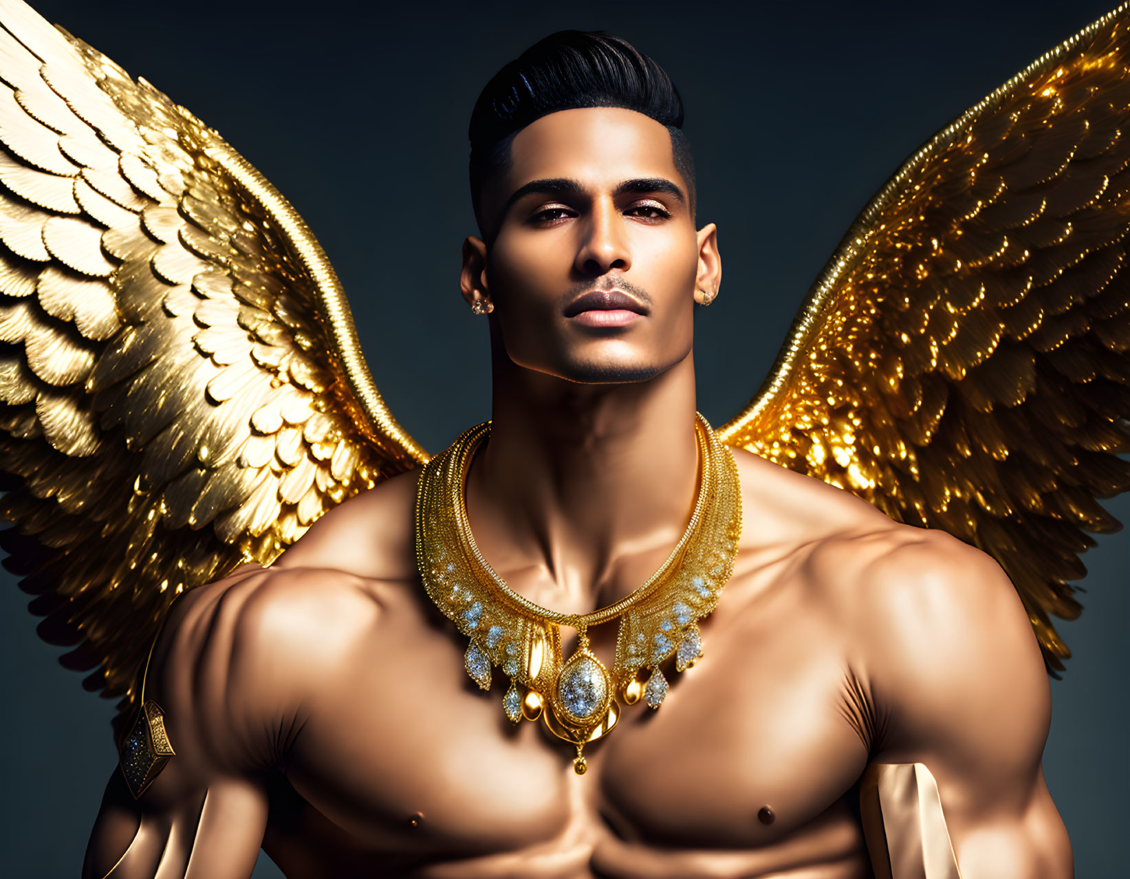 Muscular man with golden wings and jewelry exudes confidence on blue background