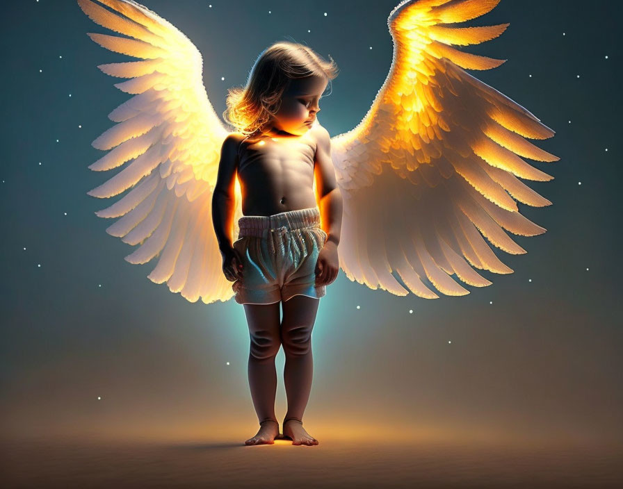 Child with angel wings in dimly lit space gazes contemplatively downward