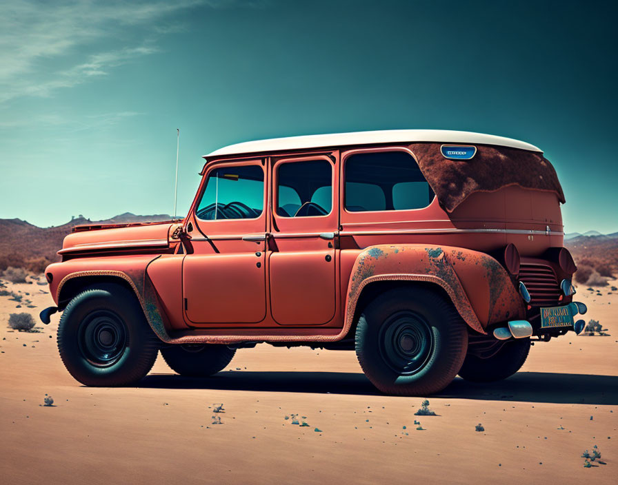 Rusty orange station wagon in desert landscape