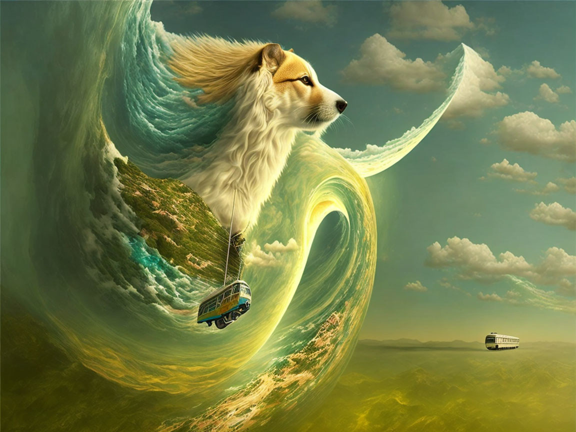 Surreal illustration of dog's face merging with landscape and boats under crescent moon