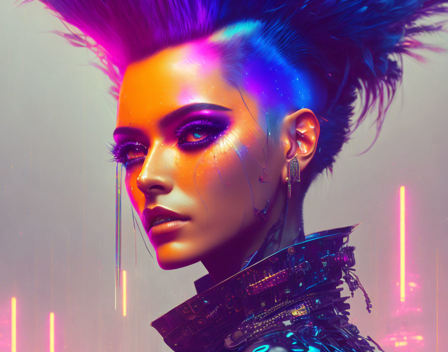 Vibrant Cyberpunk Woman Artwork with Blue and Purple Hair