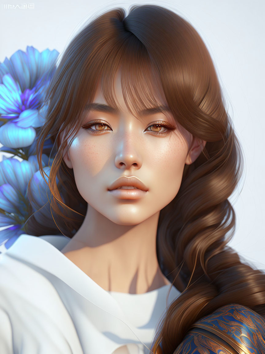 Digital portrait of woman with braid, freckles, tattoo, and blue flowers in background