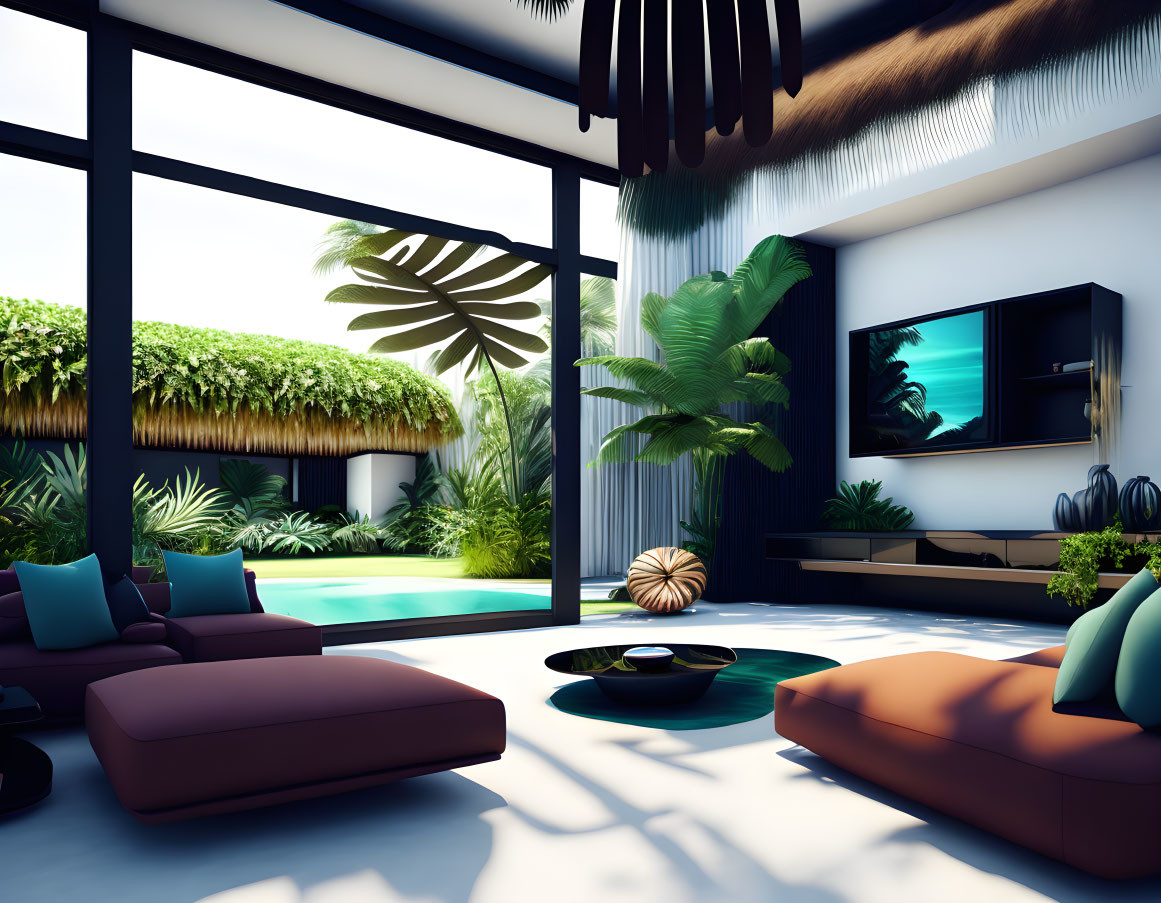 Spacious living room with tropical theme, pool view, plush seating, greenery, and wall-mounted