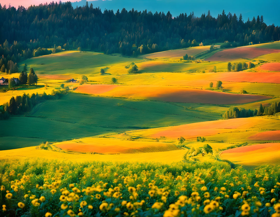 Scenic rural landscape with sunflowers, fields, trees, and house at sunrise or sunset