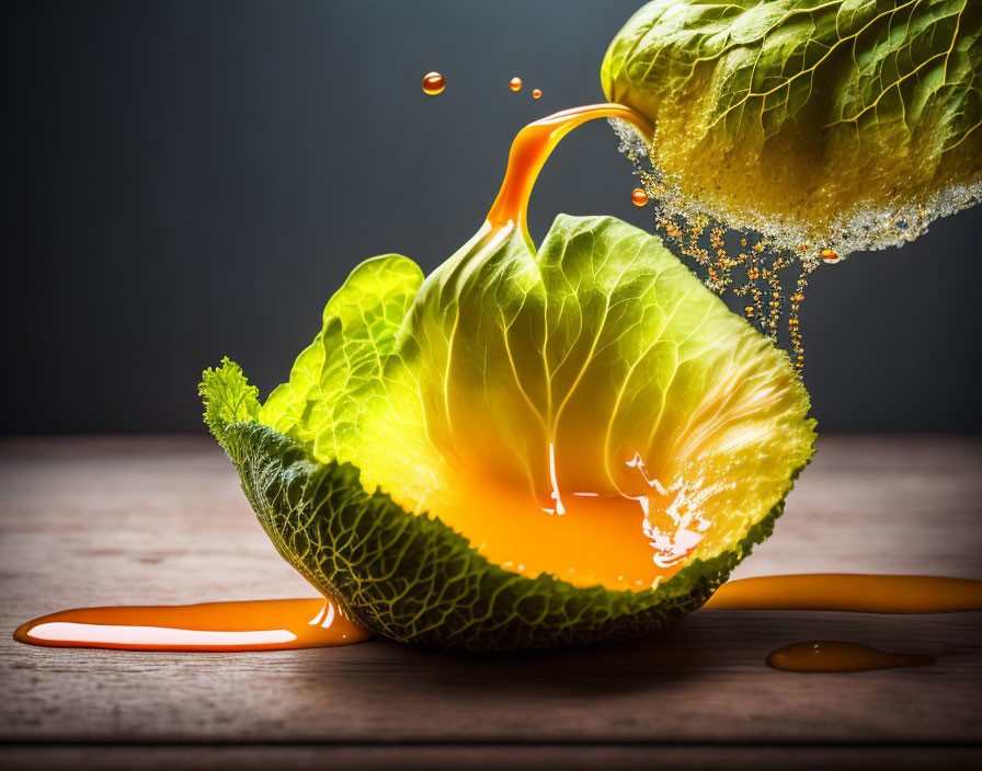 Halved cabbage with orange liquid splash on dark background and wooden surface