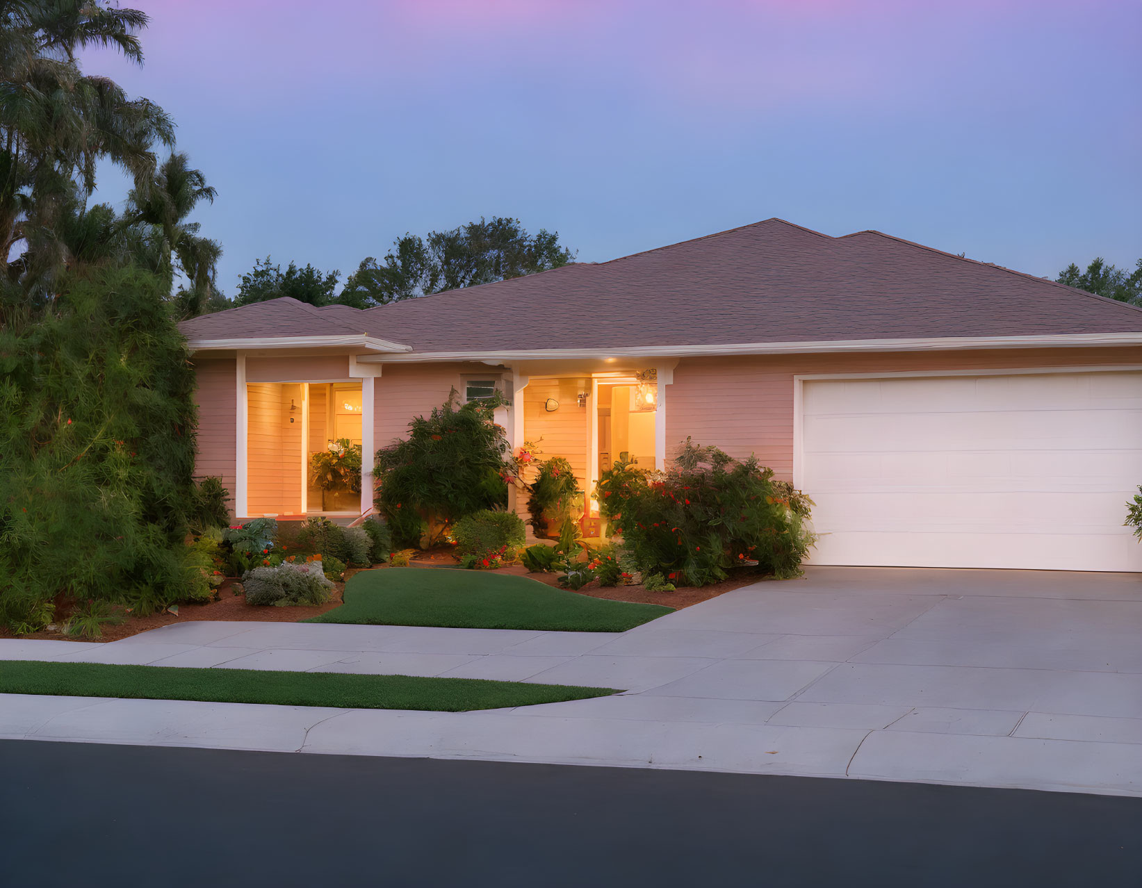 Suburban Twilight Scene with Lit Exterior Lights and Double Garage