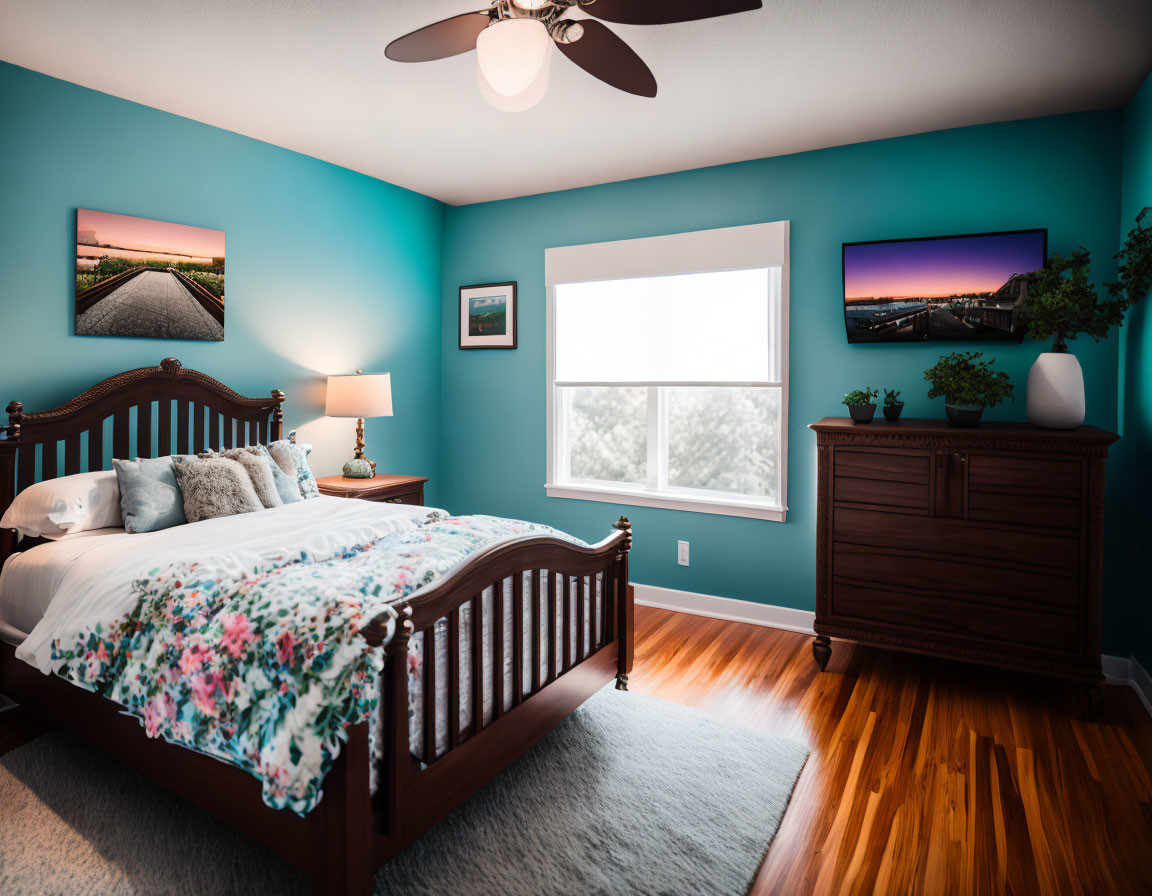 Teal Wall Bedroom with Wooden Furniture & Ceiling Fan