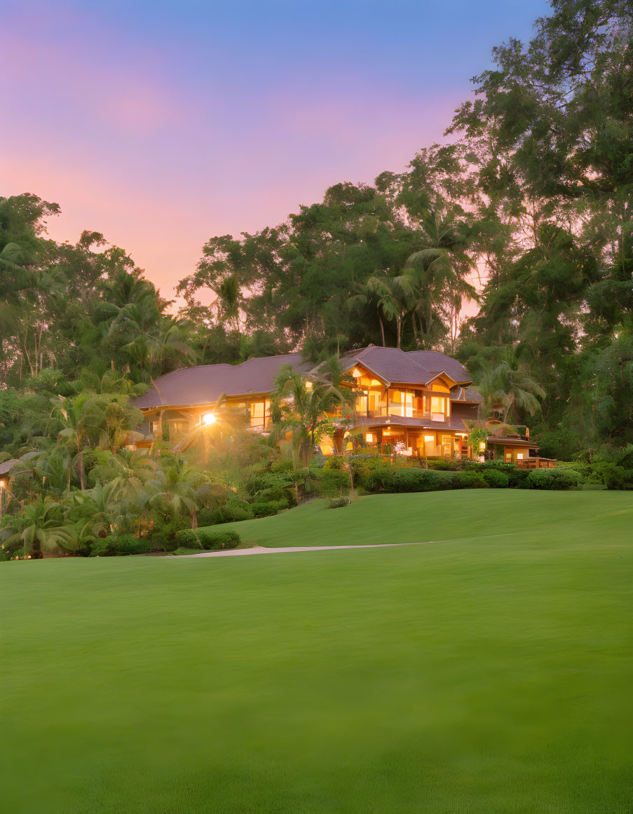 Luxurious House in Forest with Illuminated Windows at Dusk