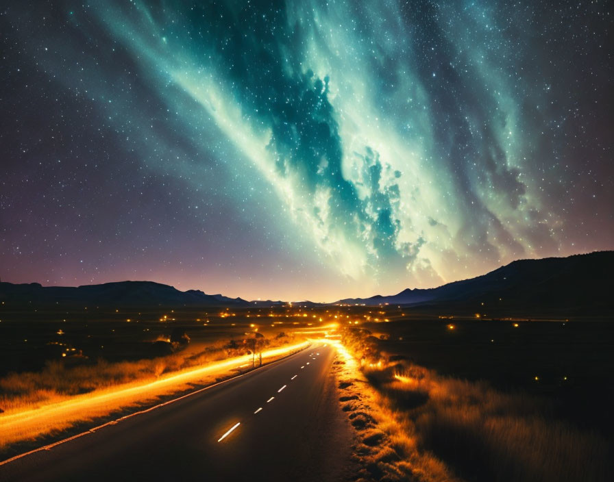 Starry Night Sky Over Dark Road and Mountains