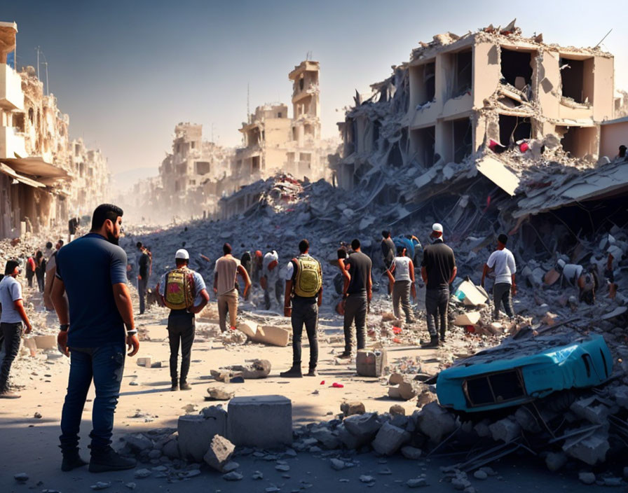 People in rubble-lined streets with heavily damaged urban landscape and overturned blue car