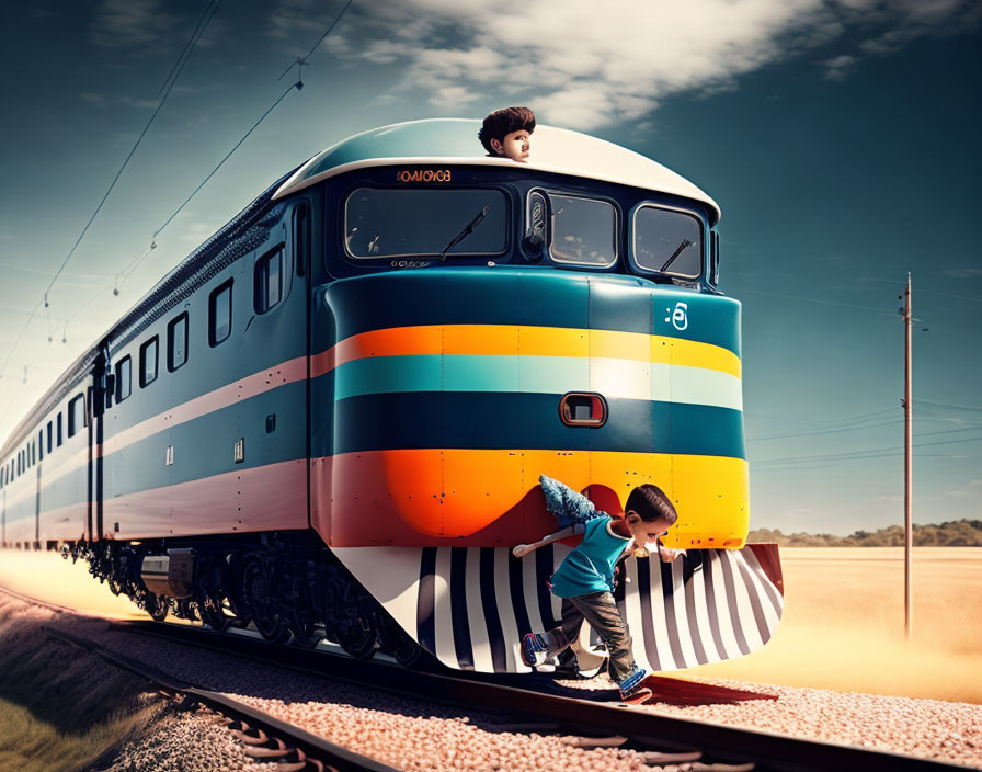 Child peeking out of colorful train hatch with another tying shoe on platform