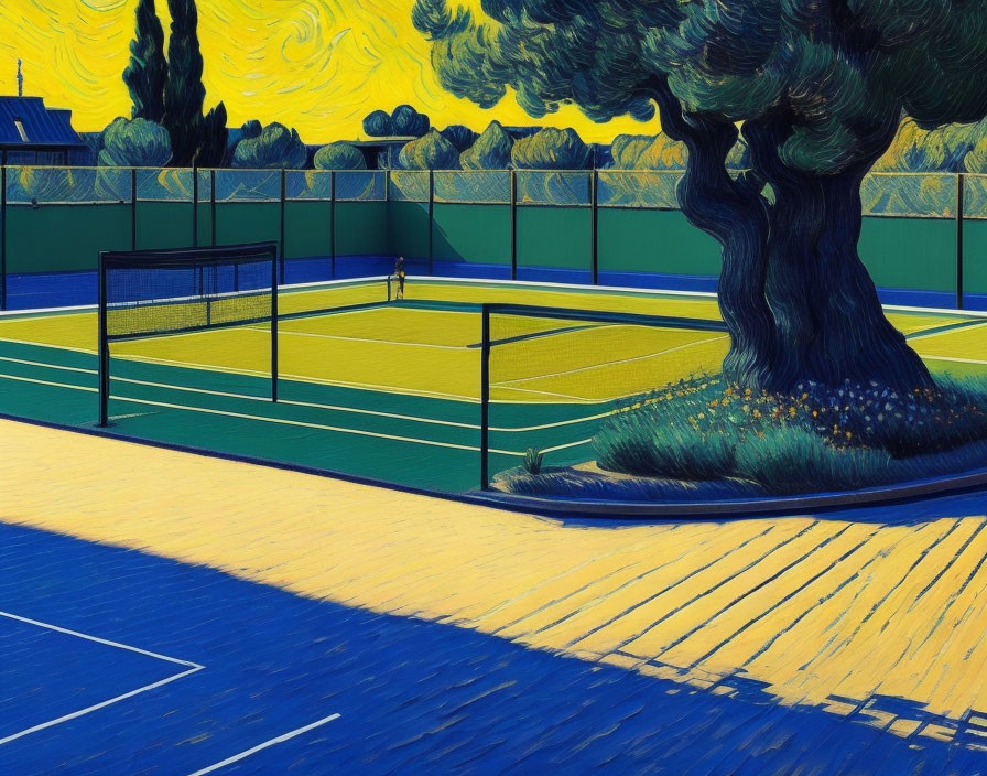 Colorful Tennis Court Painting with Solitary Player and Swirling Sky