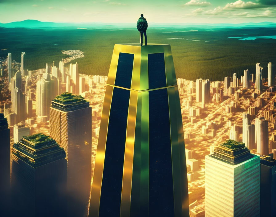 Person on futuristic skyscraper gazes at sunlit cityscape