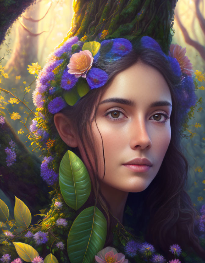 Woman with floral crown in mystical forest setting illuminated by soft light