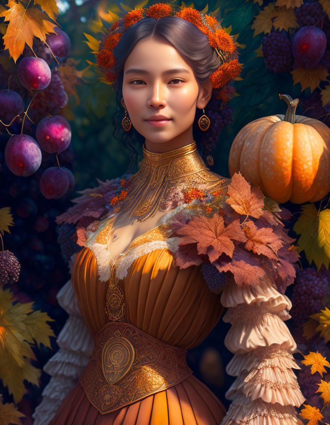 Portrait of woman with autumnal elements: orange leaves, marigolds, gold accents