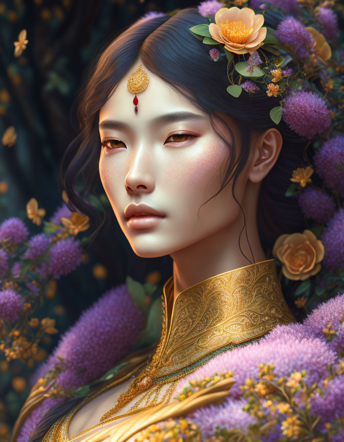 Digital portrait of woman with delicate features and golden jewelry amidst lush violet flowers