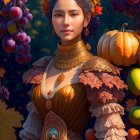 Portrait of woman with autumnal elements: orange leaves, marigolds, gold accents