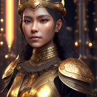 Woman in ornate golden armor and helmet in glowing background