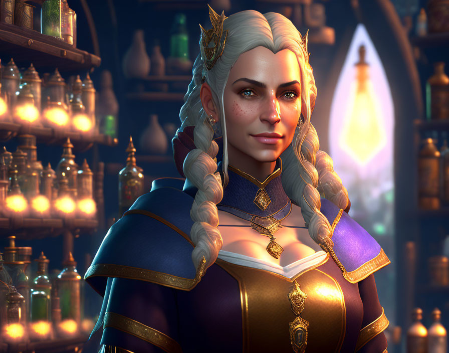 Regal female character with white hair and elf-like ears in a candle-lit room with potions