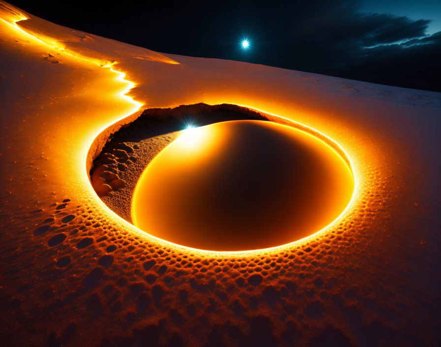 Dramatic volcanic crater glowing with molten lava at twilight